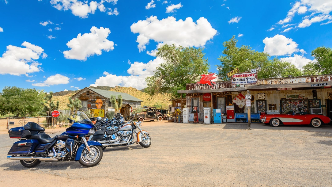 On Route 66 in a Harley Davidson