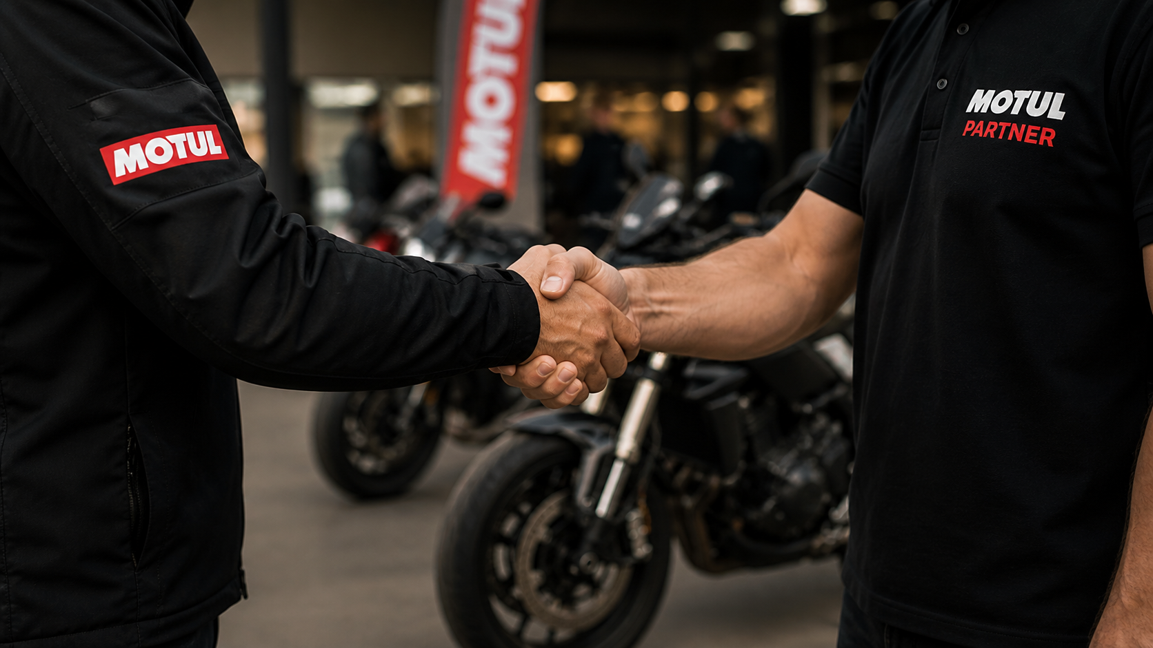 Handshake between partners in the motorcycle industry representing collaboration in the Motul Ride ecosystem