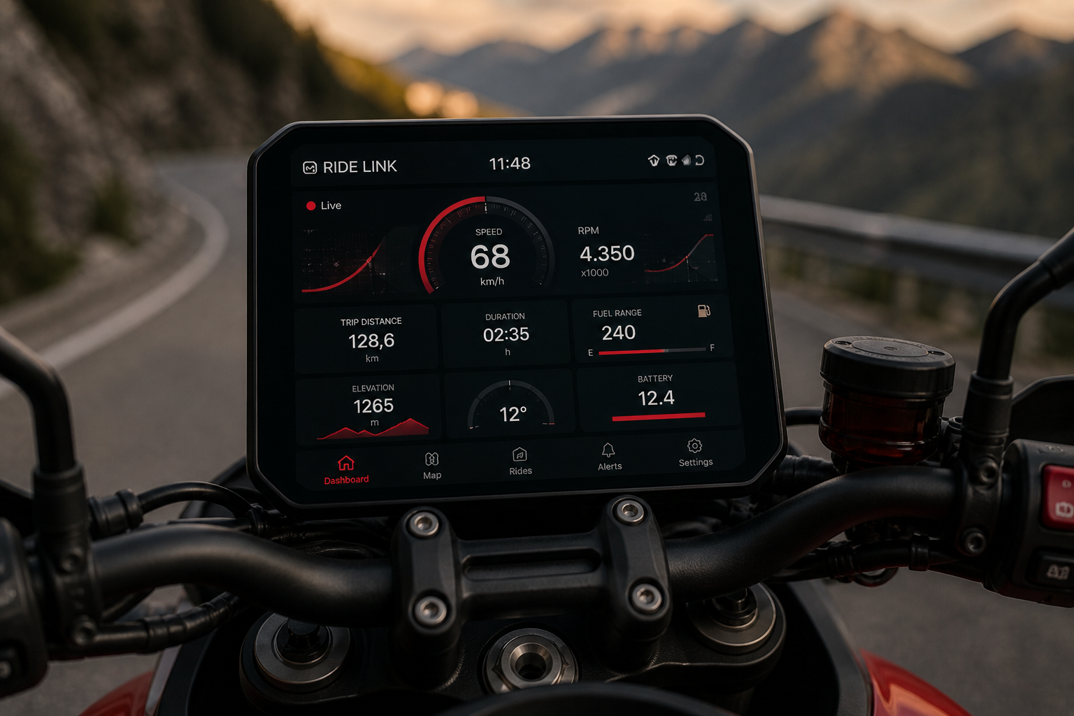 Motul Ride Dashboard – Real-Time Motorcycle Data Interface Motorcycle dashboard displaying real-time ride data including speed, RPM and GPS tracking on a mountain road
