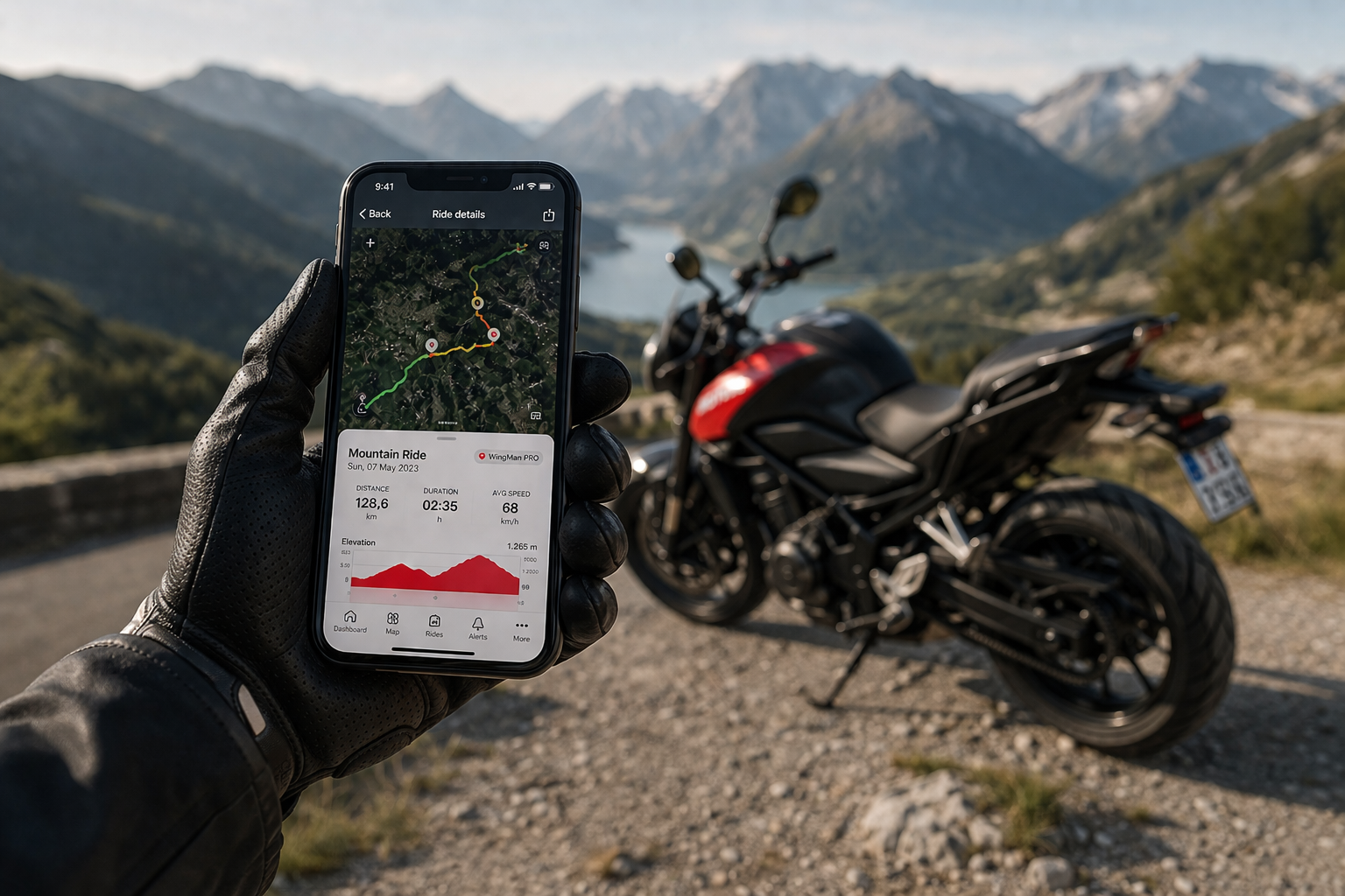 Motul Ride App – Motorcycle Tracking and Ride Data Motorcyclist holding a smartphone displaying a ride tracking app with map and performance data in a mountain landscape